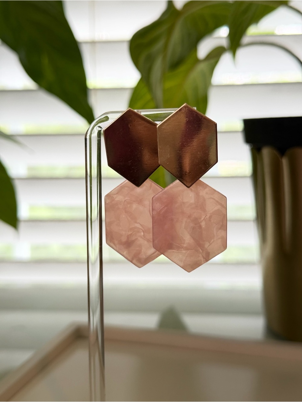 Hexagon Drop Earrings in Rose Pink and Gold